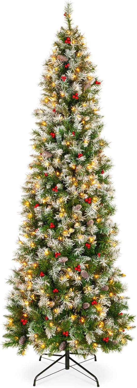 Casy Nest 6ft Pre-Lit Pencil Christmas Tree – Partially Flocked Slim Holiday Tree