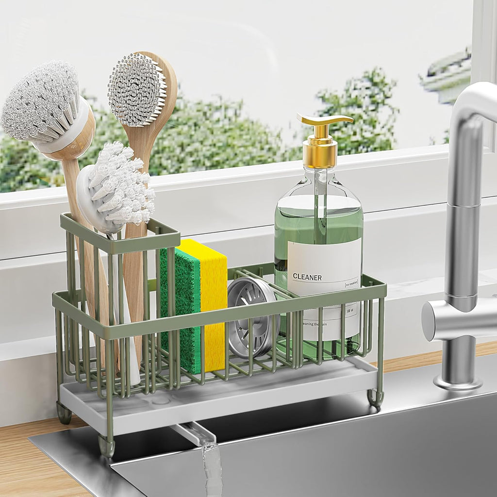 Cisily Black Sponge Holder for Kitchen Sink, Sink Caddy Organizer with High Brush Holder, Kitchen Countertop Organizers and Storage Essentials, Rustproof 304 Stainless Steel, Soap Dispenser Organize