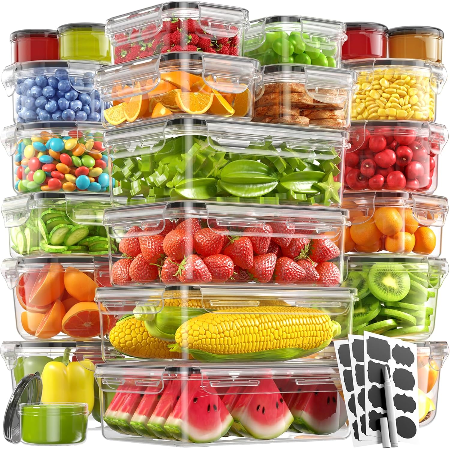 40 Piece Food Storage Containers with Lids(20 Containers & 20 Lids), Bpa-Free Plastic Food Containers for Kitchen Storage and Organization, Leak Proof Meal Prep Container, Includes Labels & Pen