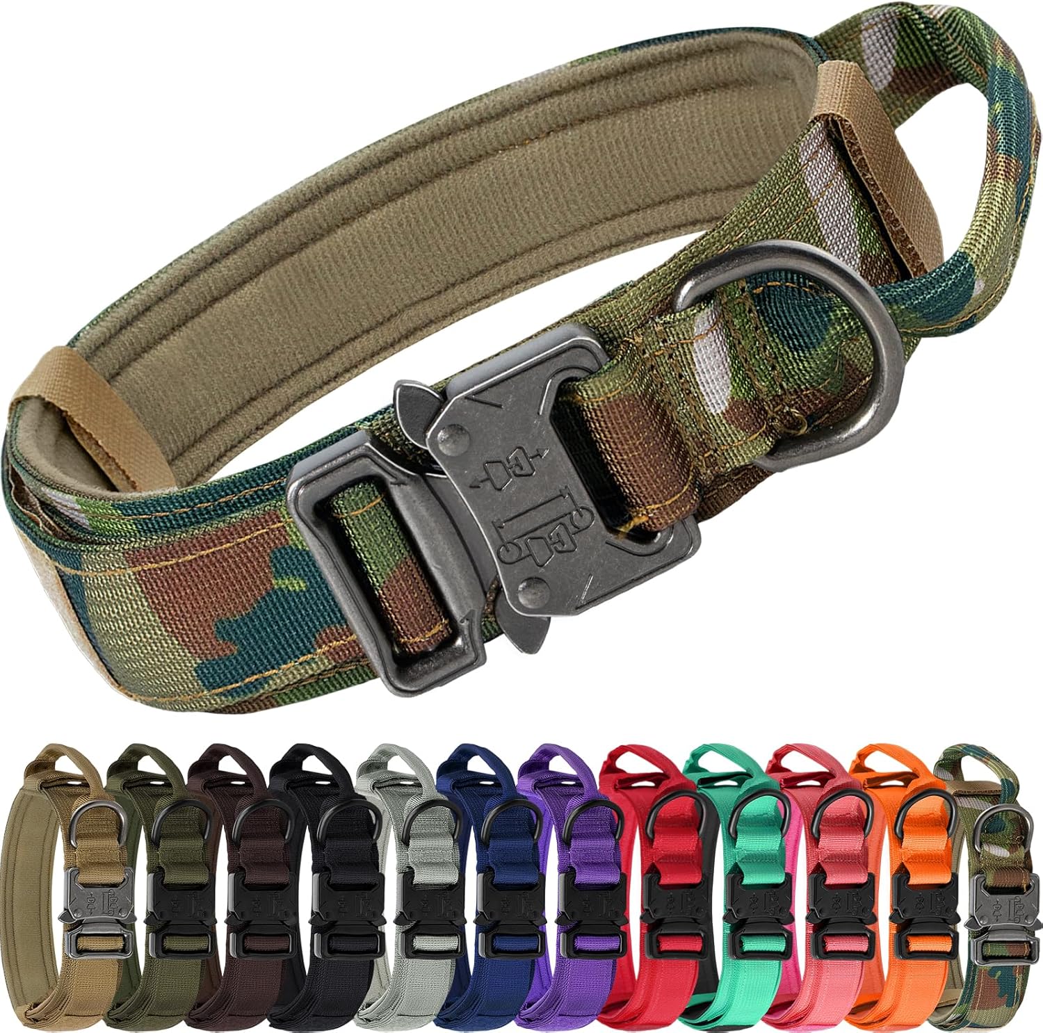 Tactical Dog Collar with Handle – Adjustable Heavy-Duty Military Training Collar with 2 Patches for All Size Dogs