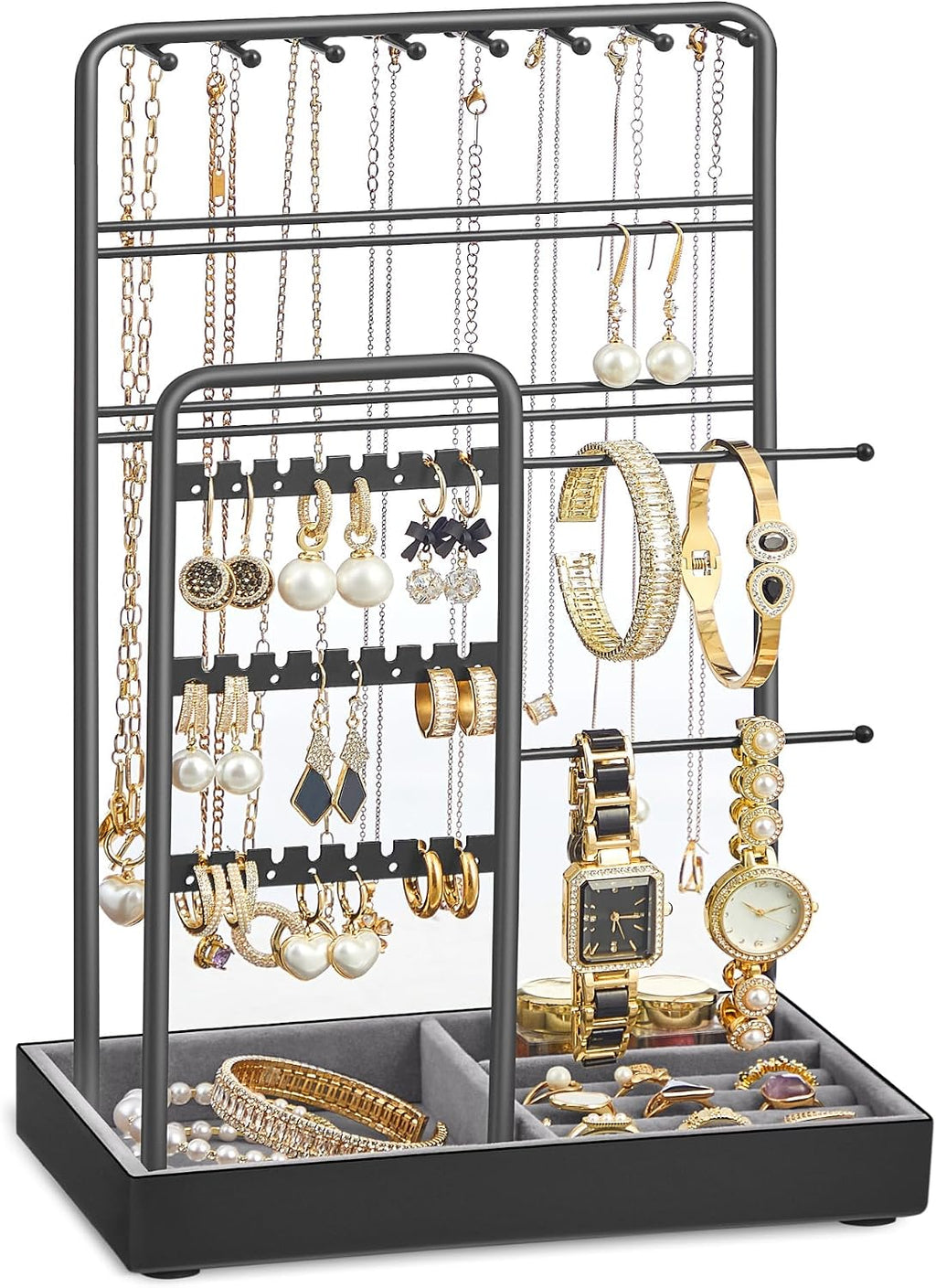 SONGMICS Necklace Holder, Jewelry Stand Holder Organizer, Jewelry Display with Metal Frame, Velvet Tray, Earring Bracelet Holder, for Gift Idea, 4.5 X 7.7 X 12.1 Inch, Pale Gold UJJS021A01
