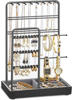 SONGMICS Necklace Holder, Jewelry Stand Holder Organizer, Jewelry Display with Metal Frame, Velvet Tray, Earring Bracelet Holder, for Gift Idea, 4.5 X 7.7 X 12.1 Inch, Pale Gold UJJS021A01