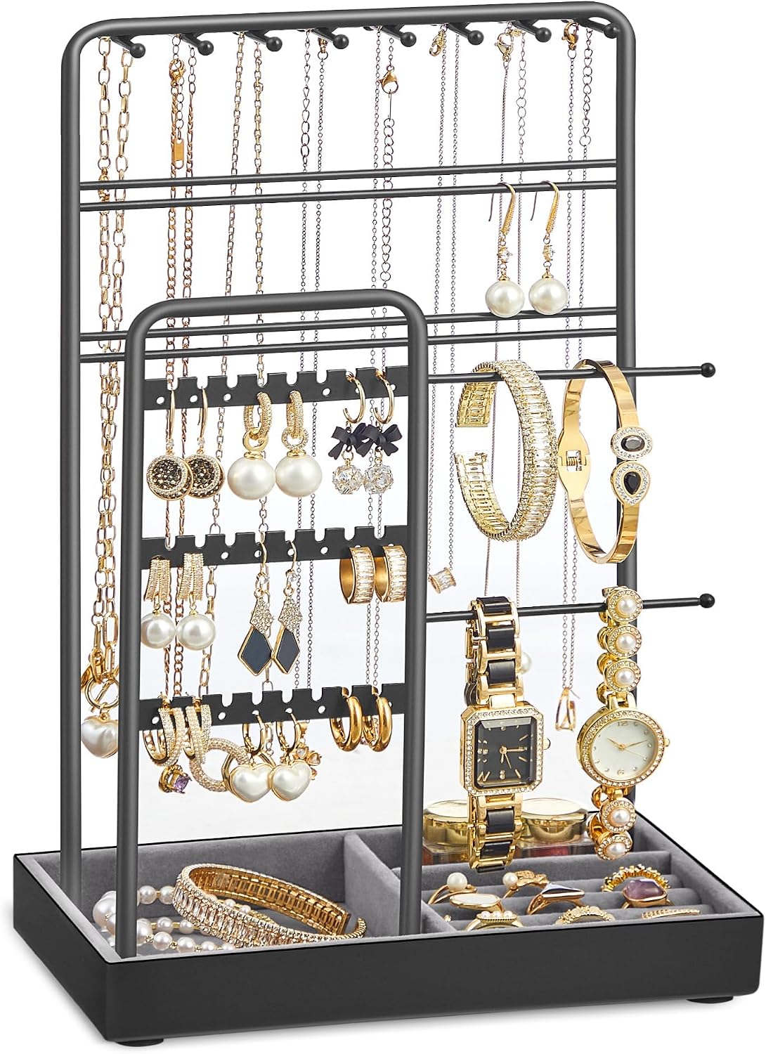 SONGMICS Necklace Holder, Jewelry Stand Holder Organizer, Jewelry Display with Metal Frame, Velvet Tray, Earring Bracelet Holder, for Gift Idea, 4.5 X 7.7 X 12.1 Inch, Pale Gold UJJS021A01