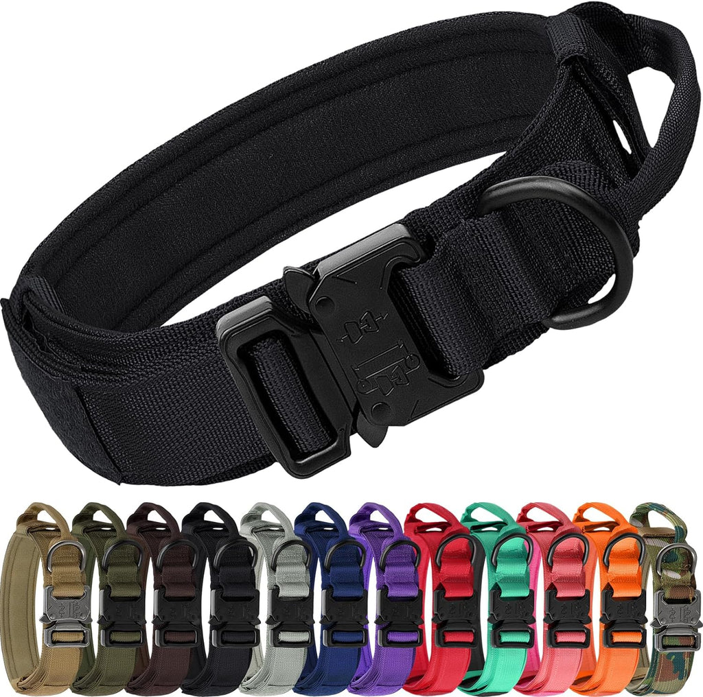 Tactical Dog Collar with Handle – Adjustable Heavy-Duty Military Training Collar with 2 Patches for All Size Dogs