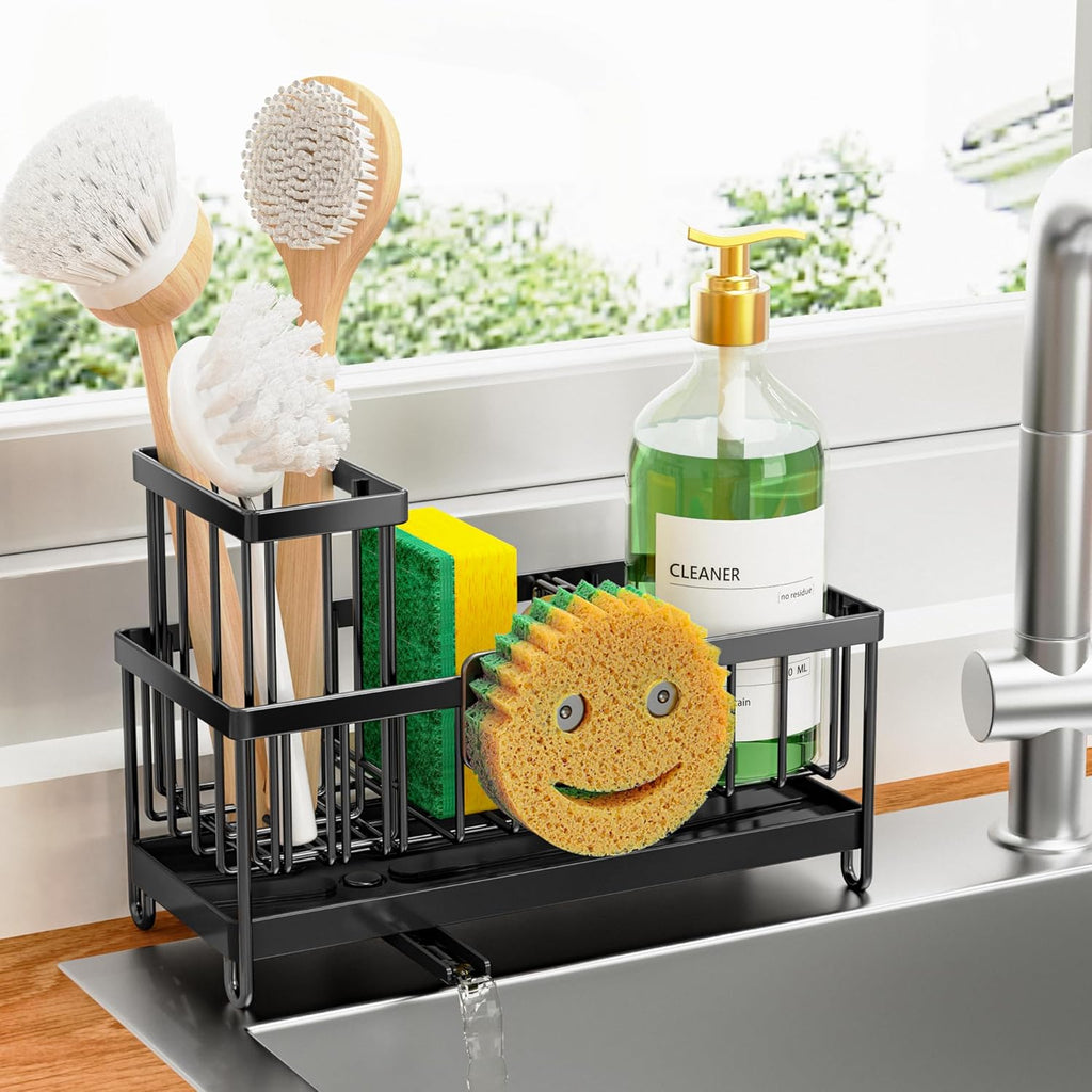 Cisily Black Sponge Holder for Kitchen Sink, Sink Caddy Organizer with High Brush Holder, Kitchen Countertop Organizers and Storage Essentials, Rustproof 304 Stainless Steel, Soap Dispenser Organize