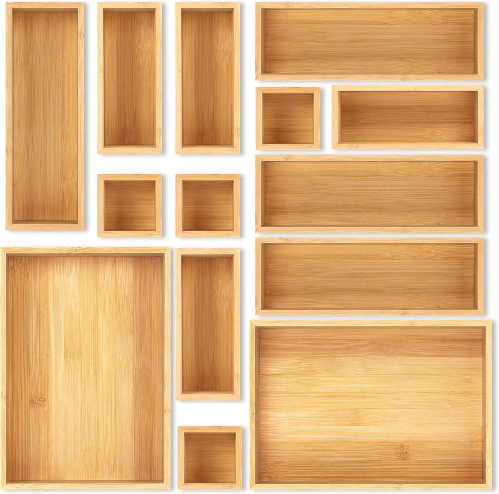 Bamboo Drawer Organizer Set, 5 PCS Multi-Use Individual Wood Storage Organizers, , Office Desk, Makeup, Jewelry, Utensils