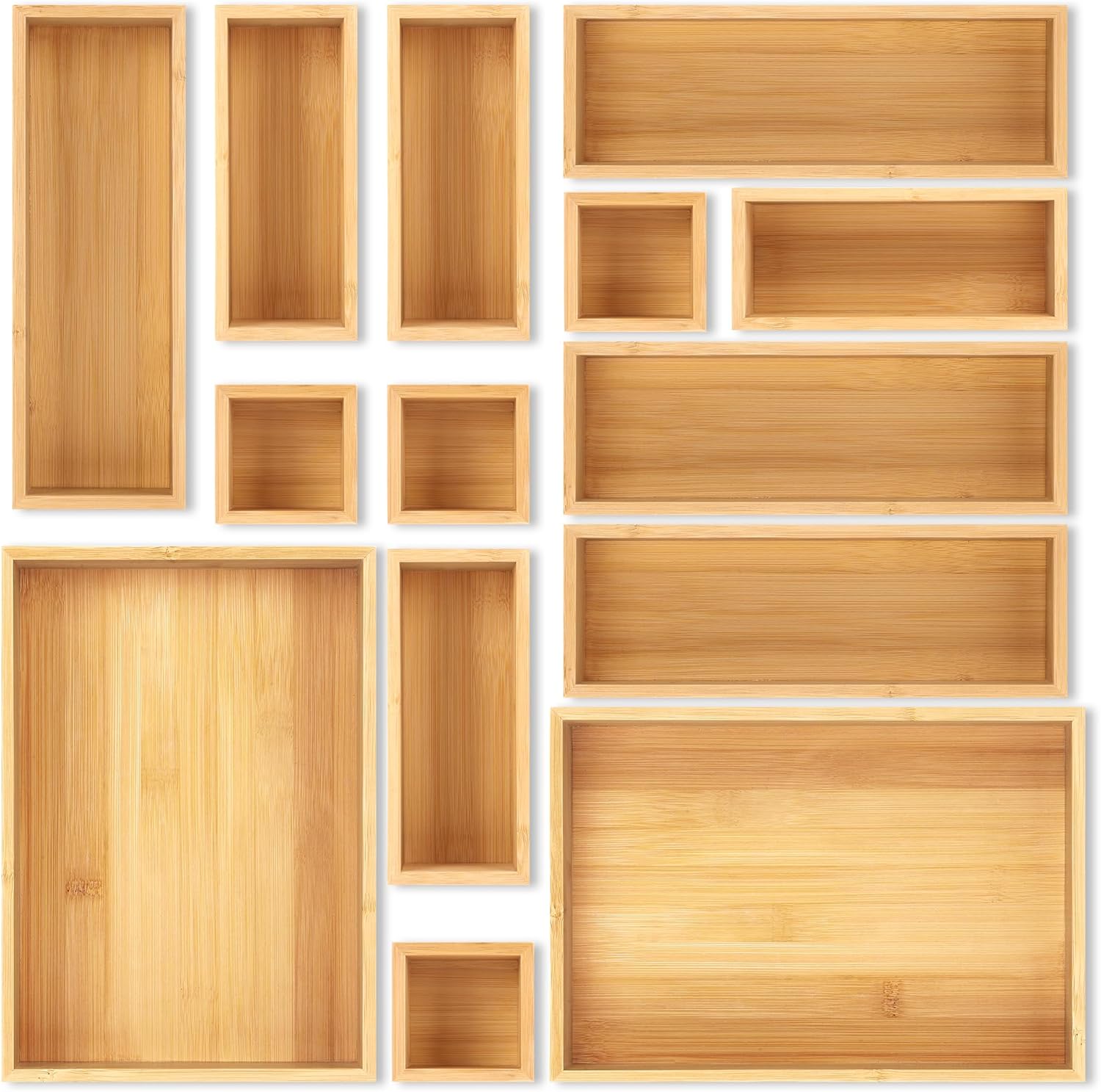 Bamboo Drawer Organizer Set, 5 PCS Multi-Use Individual Wood Storage Organizers, , Office Desk, Makeup, Jewelry, Utensils