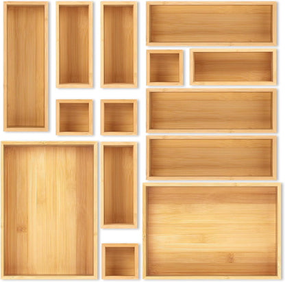 Bamboo Drawer Organizer Set, 5 PCS Multi-Use Individual Wood Storage Organizers, , Office Desk, Makeup, Jewelry, Utensils