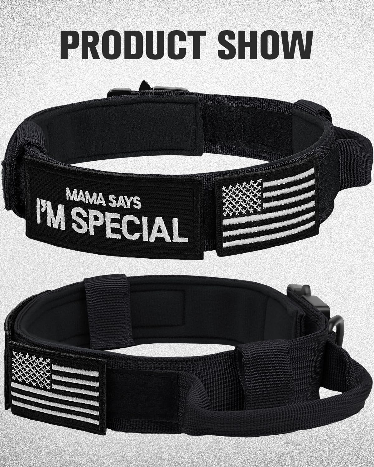 Tactical Dog Collar with Handle – Adjustable Heavy-Duty Military Training Collar with 2 Patches for All Size Dogs