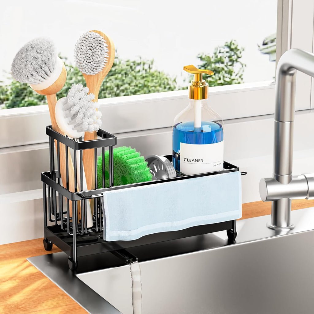 Cisily Black Sponge Holder for Kitchen Sink, Sink Caddy Organizer with High Brush Holder, Kitchen Countertop Organizers and Storage Essentials, Rustproof 304 Stainless Steel, Soap Dispenser Organize