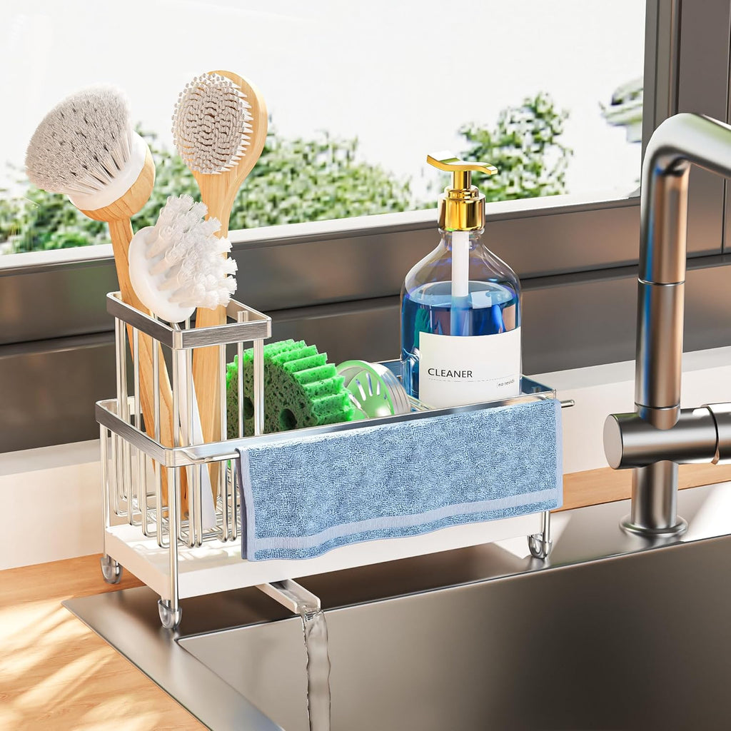 Cisily Black Sponge Holder for Kitchen Sink, Sink Caddy Organizer with High Brush Holder, Kitchen Countertop Organizers and Storage Essentials, Rustproof 304 Stainless Steel, Soap Dispenser Organize