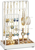 SONGMICS Necklace Holder, Jewelry Stand Holder Organizer, Jewelry Display with Metal Frame, Velvet Tray, Earring Bracelet Holder, for Gift Idea, 4.5 X 7.7 X 12.1 Inch, Pale Gold UJJS021A01