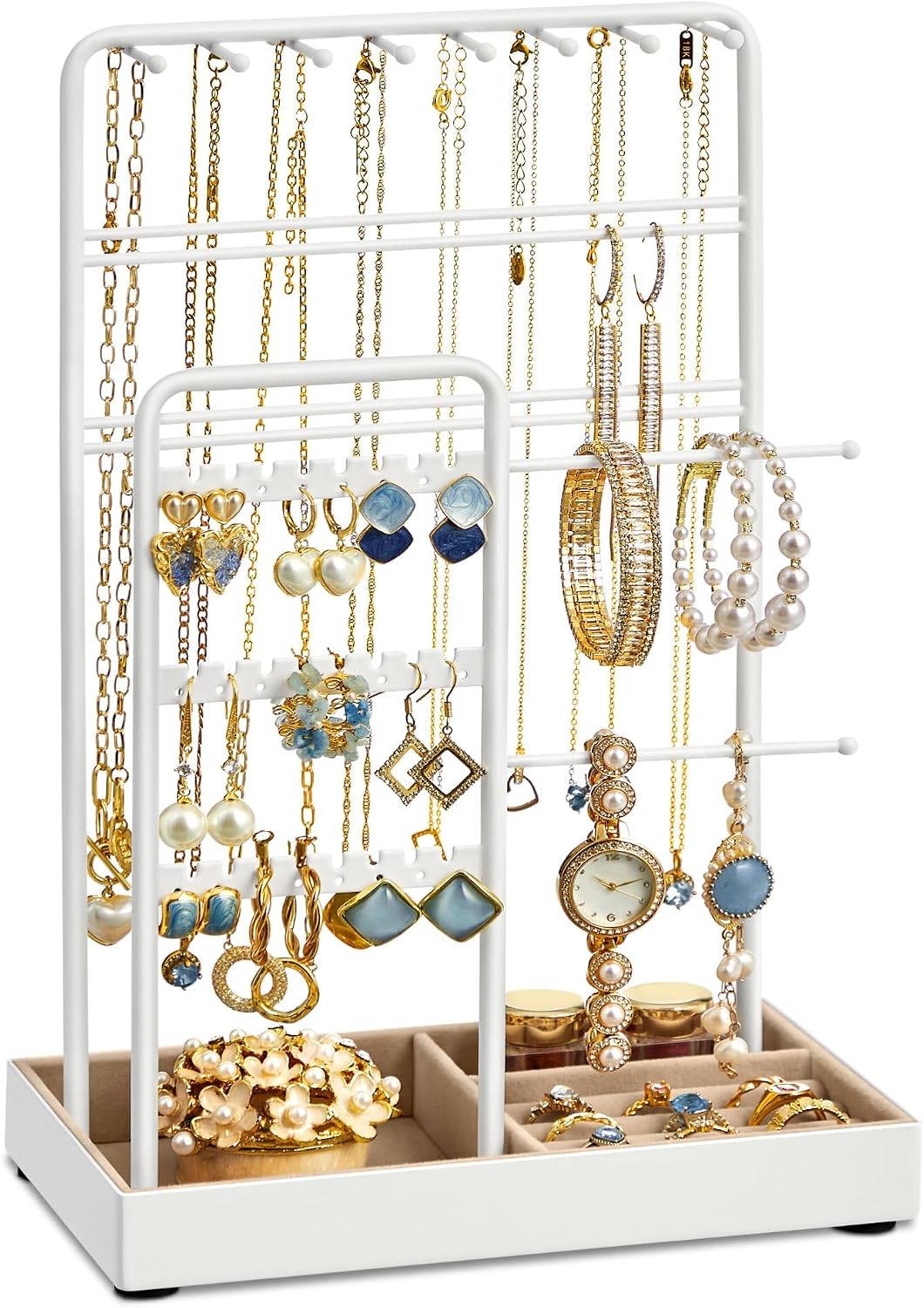 SONGMICS Necklace Holder, Jewelry Stand Holder Organizer, Jewelry Display with Metal Frame, Velvet Tray, Earring Bracelet Holder, for Gift Idea, 4.5 X 7.7 X 12.1 Inch, Pale Gold UJJS021A01