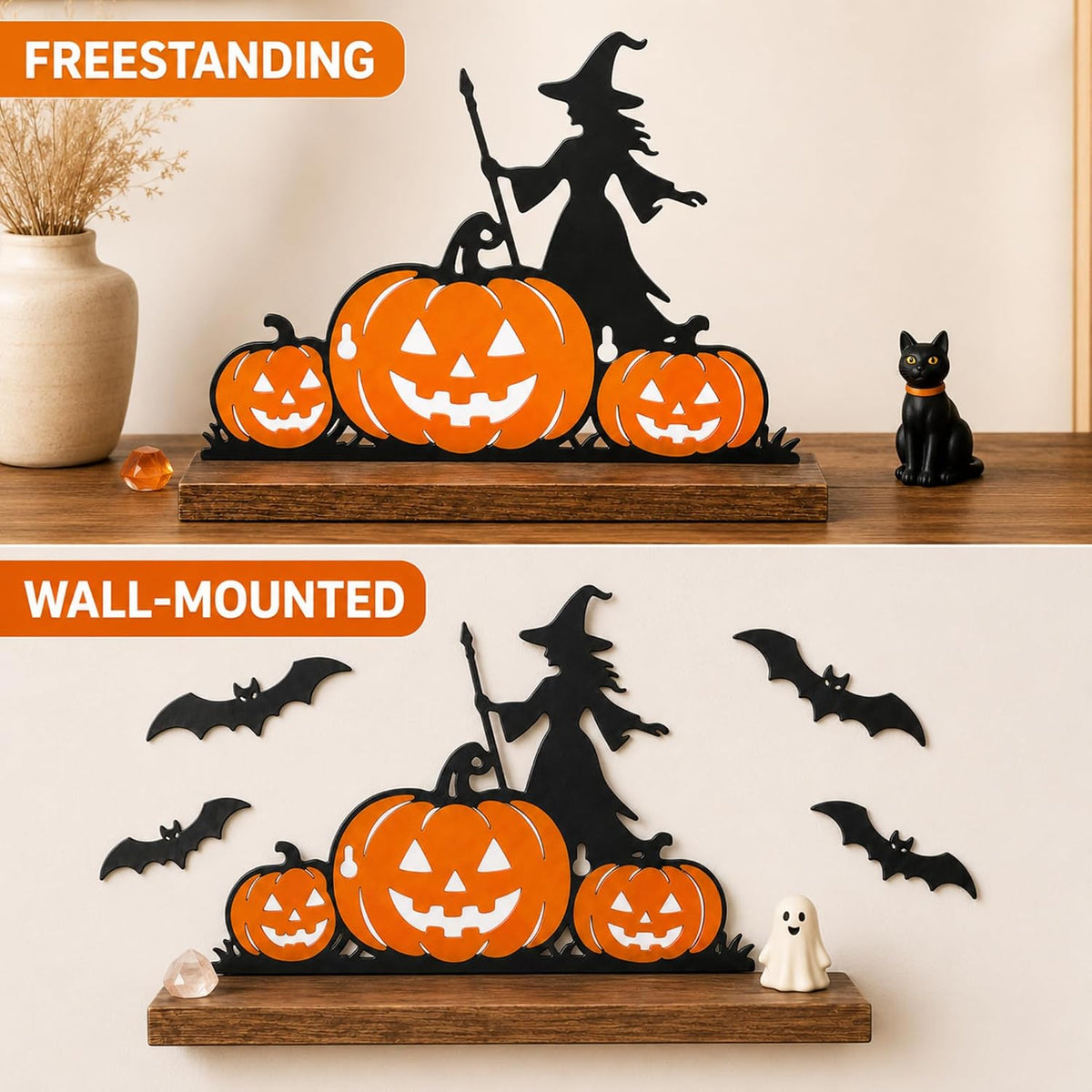 Pracaniz Halloween Display Shelf, 11-Inch Witch Pumpkin Bat Mantel Decor