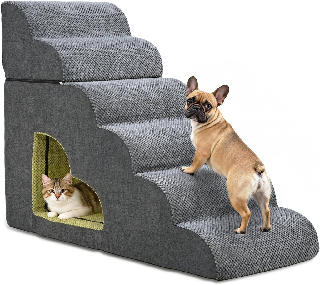 Dog Stairs for High Bed 6 Step Foam Pet Ramp with Tunnel