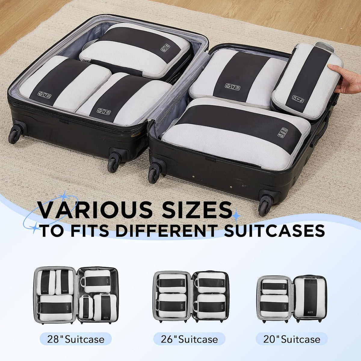 Space saving packing cube set for vacation travel, business trips, and luggage storage