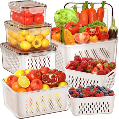 5 PCS Large Fruit Storage Containers for Fridge with Removable Colanders, Airtight Food Storage Containers with 5 Lids, 4 in 1 Produce Containers Keep Berry Fruits Vegetable Food Meat Fresh Longer
