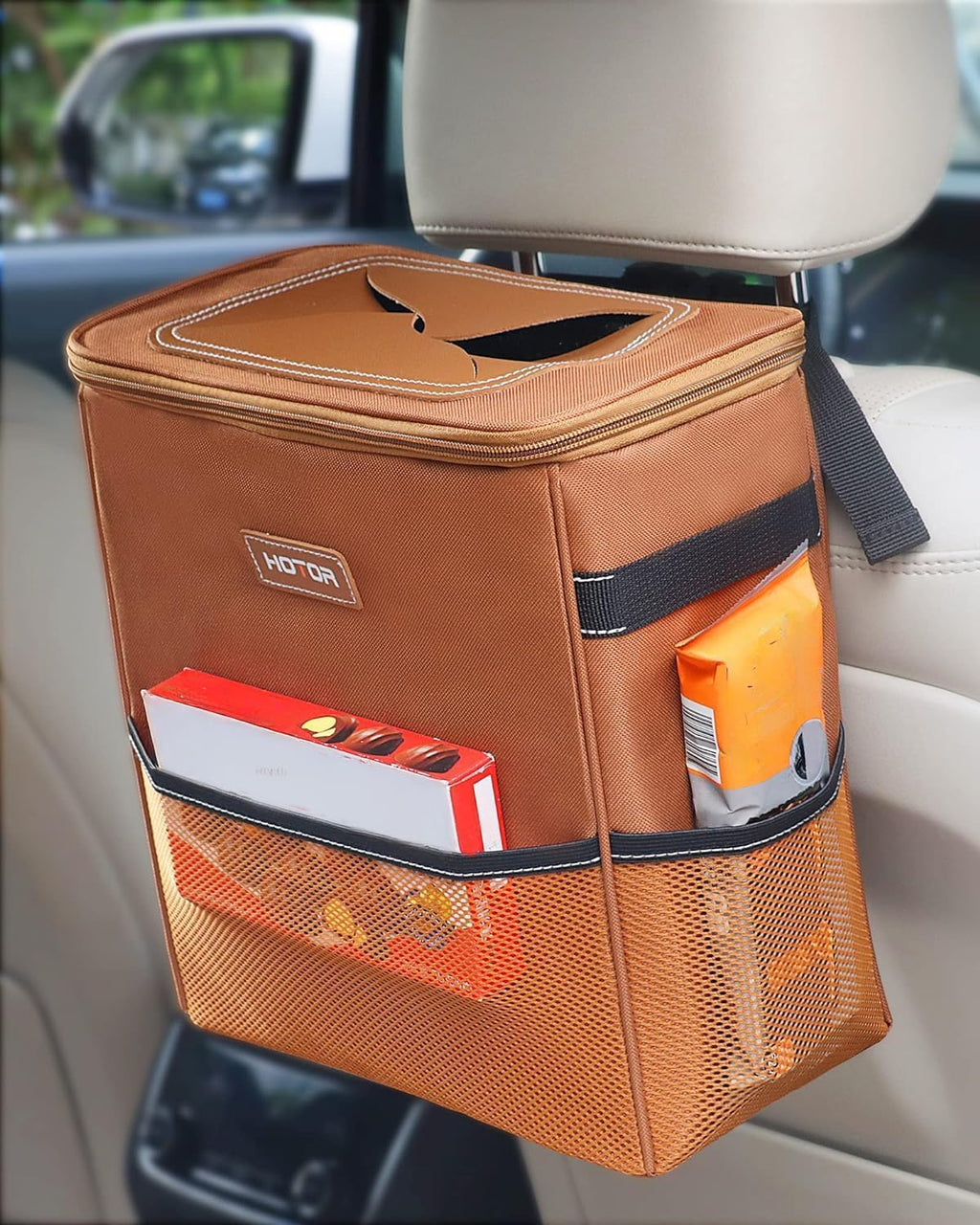 Black portable car trash can for road trips camping and everyday vehicle use