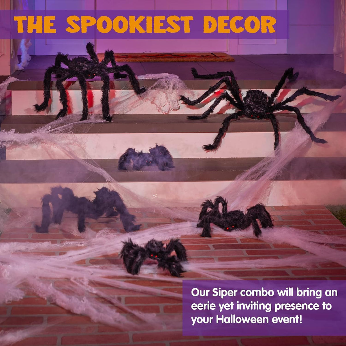 Black hairy Halloween spider decorations in assorted sizes