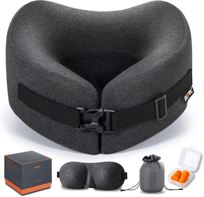 MLVOC Travel Pillow 100% Pure Memory Foam Neck Pillow, Comfortable & Breathable Cover, Machine Washable, Airplane Travel Kit with 3D Contoured Eye Masks, Earplugs, and Luxury Bag, Standard (Black)