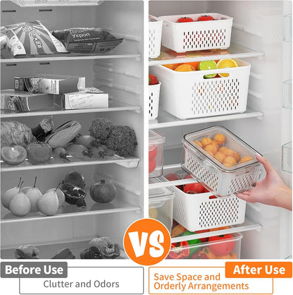 5 PCS Large Fruit Storage Containers for Fridge with Removable Colanders, Airtight Food Storage Containers with 5 Lids, 4 in 1 Produce Containers Keep Berry Fruits Vegetable Food Meat Fresh Longer