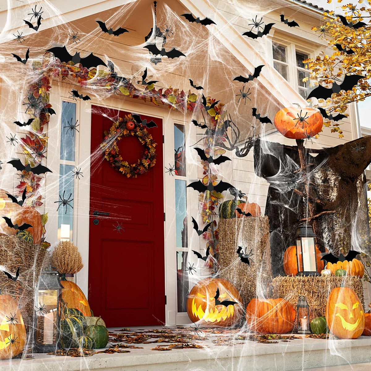 Halloween spider webs stretched across an indoor wall