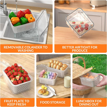 5 PCS Large Fruit Storage Containers for Fridge with Removable Colanders, Airtight Food Storage Containers with 5 Lids, 4 in 1 Produce Containers Keep Berry Fruits Vegetable Food Meat Fresh Longer