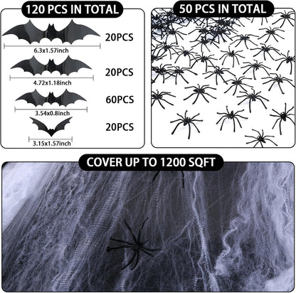 Stretchable Halloween spider web decoration with plastic bats