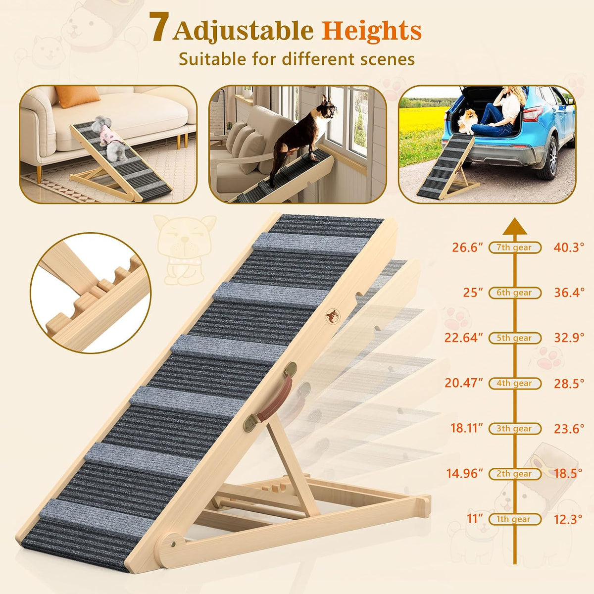 Dog Ramp 7 Adjustable Heights, Non-Slip, Holds 200LBS