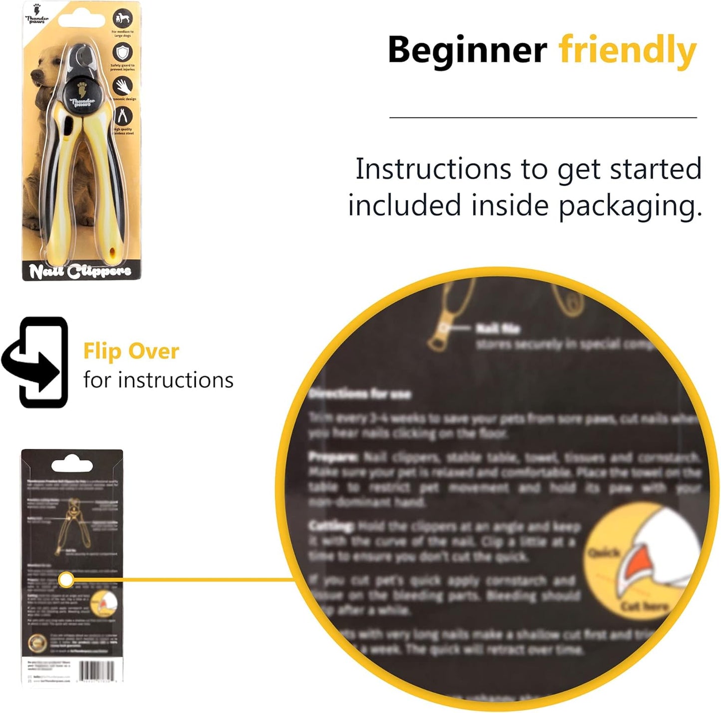 Professional Dog Nail Clippers with Safety Guard & File, Medium-Large Yellow Dog Toenail Trimmer