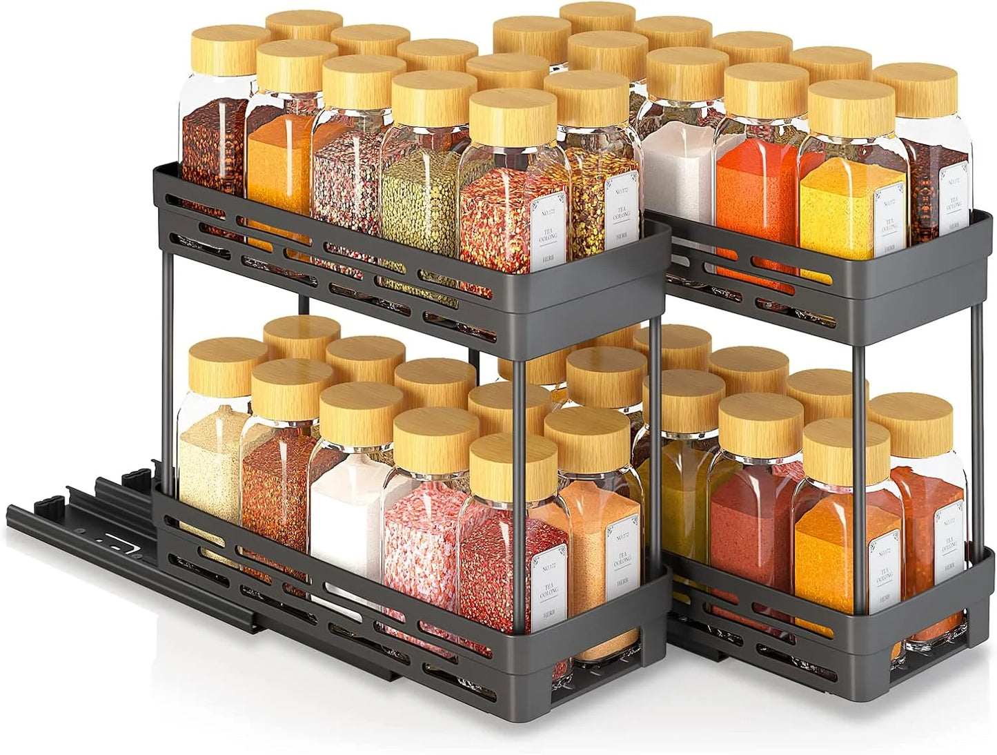 3-Pack 2-Tier Pull-Out Spice Rack Organizer for Cabinets, Slide-Out Spice Storage, Each Tier Holds 10 Jars, Easy to Install (4.33" W x 10.4" D x 8.5" H)