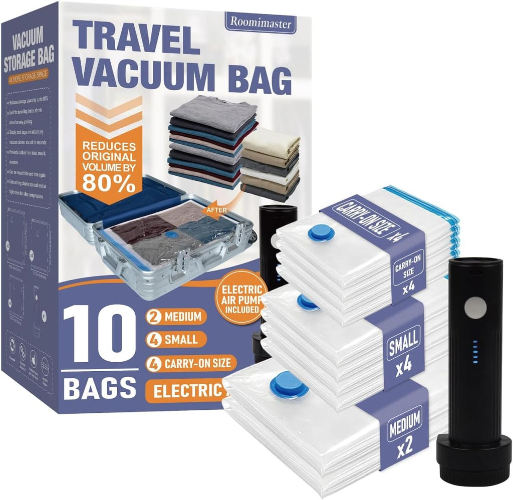 10 Large Vacuum Storage Bags with Hand Pump – Space Saver Bags for Clothes, Blankets, Comforters & Travel Luggage