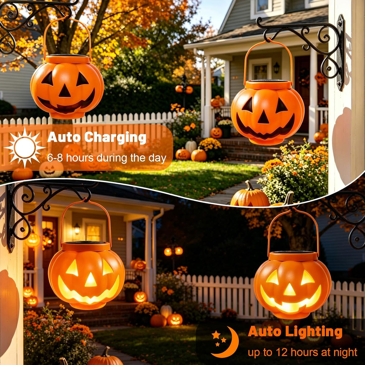 Warm white pumpkin solar lights creating spooky Halloween ambiance in an outdoor yard