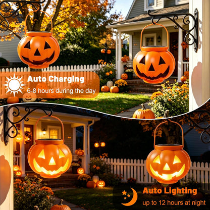 Warm white pumpkin solar lights creating spooky Halloween ambiance in an outdoor yard