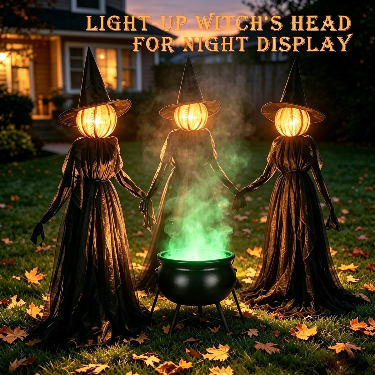 Three illuminated Halloween witches for haunted house decor