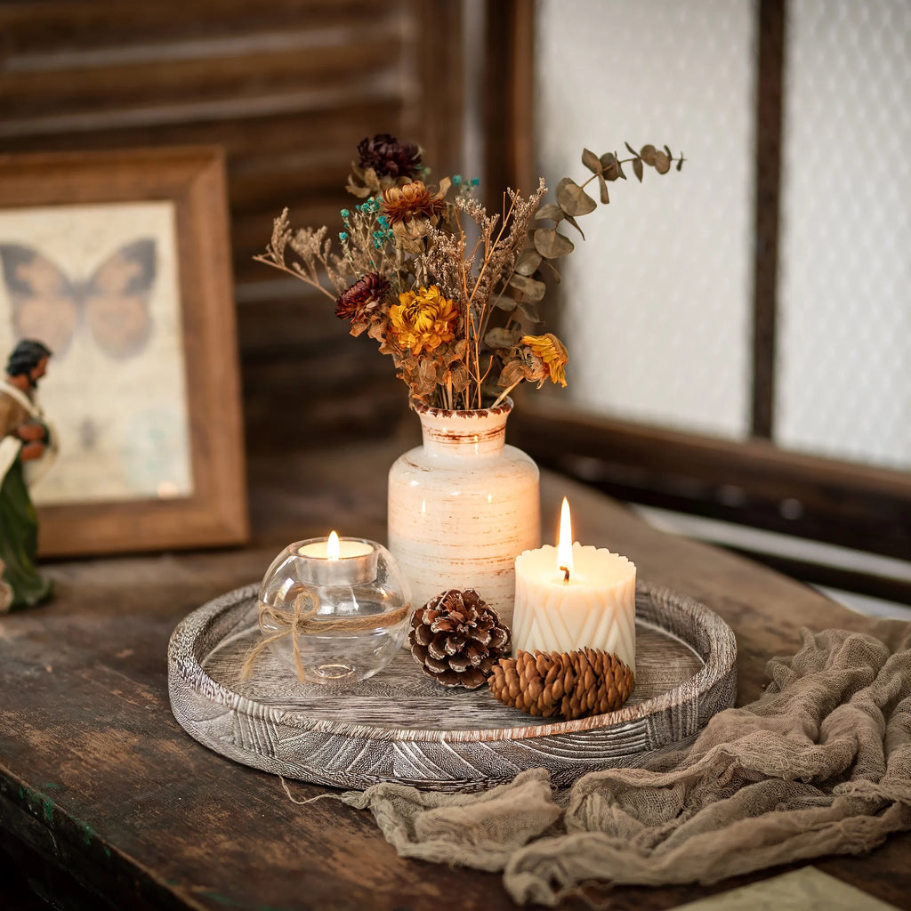round Wooden Candle Tray: Rustic Decorative Coffee Table Tray ,11.8"