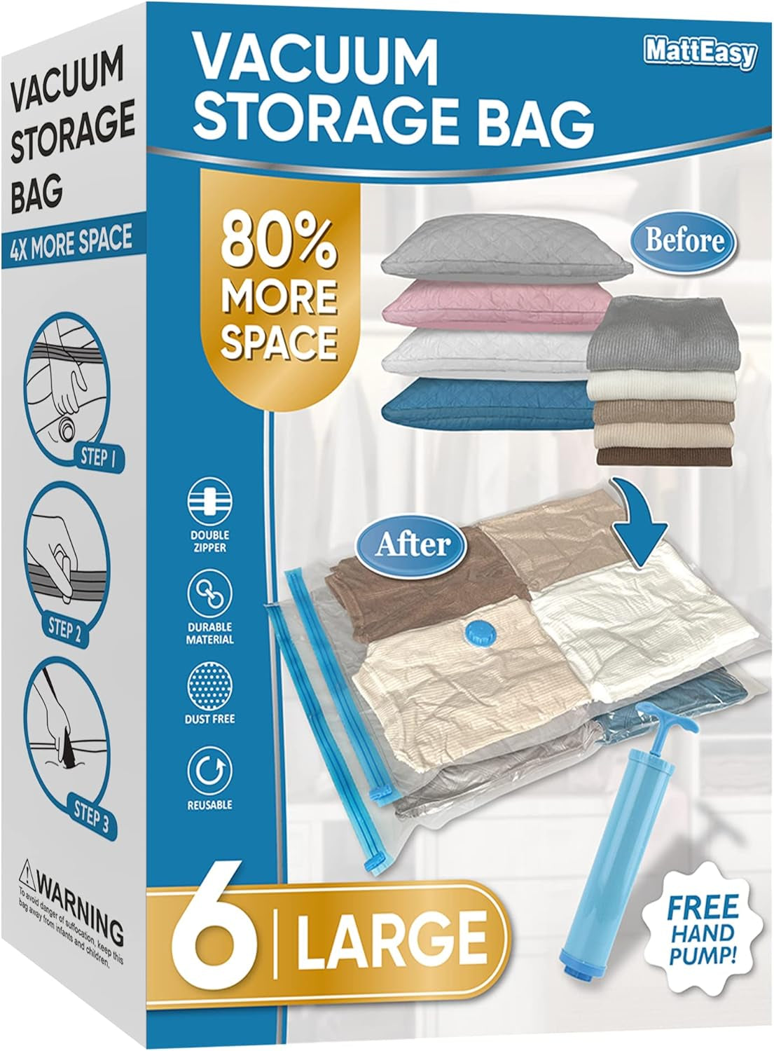 6-Pack Small Vacuum Storage Bags with Pump – Space Saver Bags for Clothes, Bedding, Blankets & Comforters