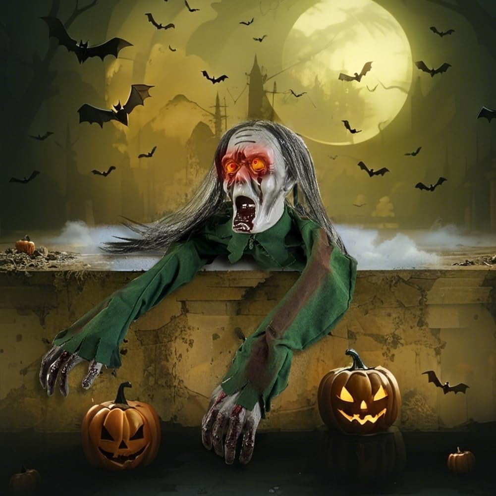 Scary crawling ghost prop with long hair for Halloween