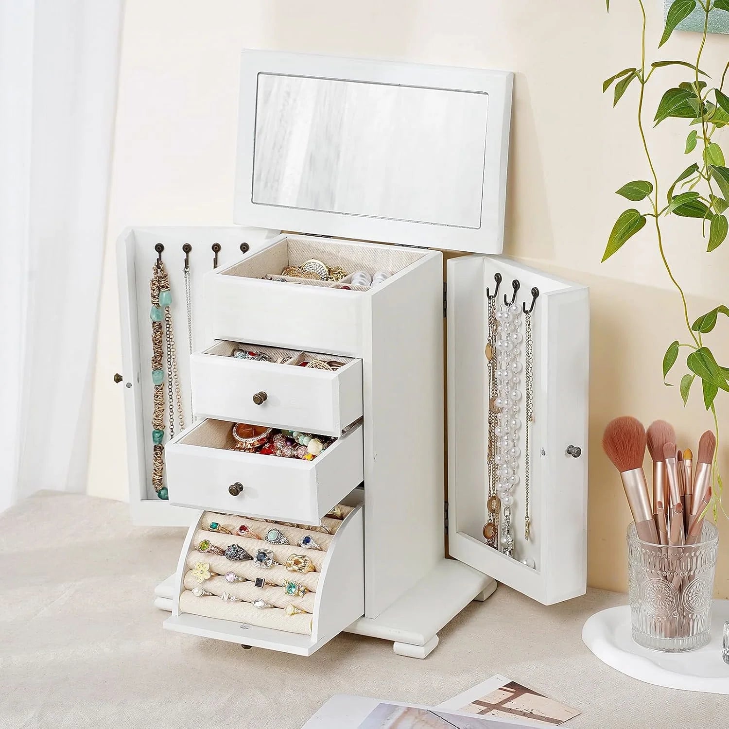 Rustic Wooden Jewelry Box for Women, 4-Layer Organizer with Mirror for Rings, Earrings, Necklaces & Bracelets, White