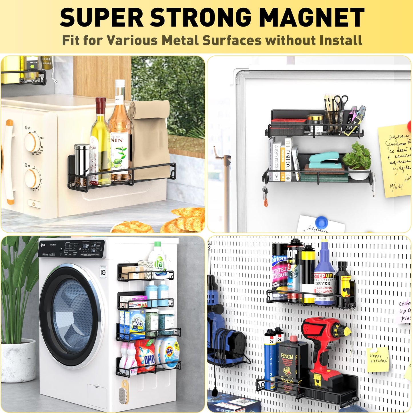 4-Pack Black Magnetic Spice Racks for Refrigerator & Oven, Metal Storage Shelves with Strong Magnets for Seasoning Organization