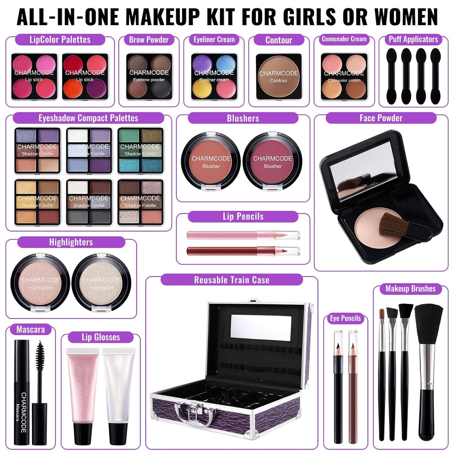 Makeup Kit for Teen Girls & Women, Full Beauty Train Case with Starter Cosmetic Set – Eyeshadow, Lip Gloss, Blush, Highlighter, Brushes & More (Purple)