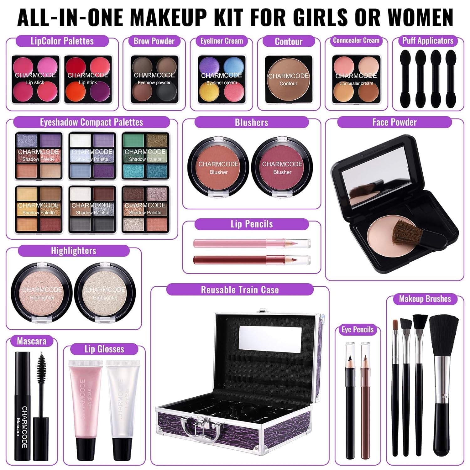 Makeup Kit for Teen Girls & Women, Full Beauty Train Case with Starter Cosmetic Set – Eyeshadow, Lip Gloss, Blush, Highlighter, Brushes & More (Purple)