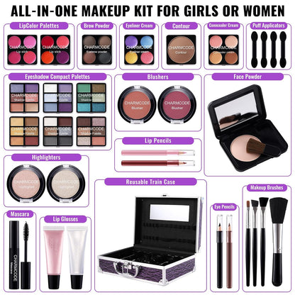 Makeup Kit for Teen Girls & Women, Full Beauty Train Case with Starter Cosmetic Set – Eyeshadow, Lip Gloss, Blush, Highlighter, Brushes & More (Purple)