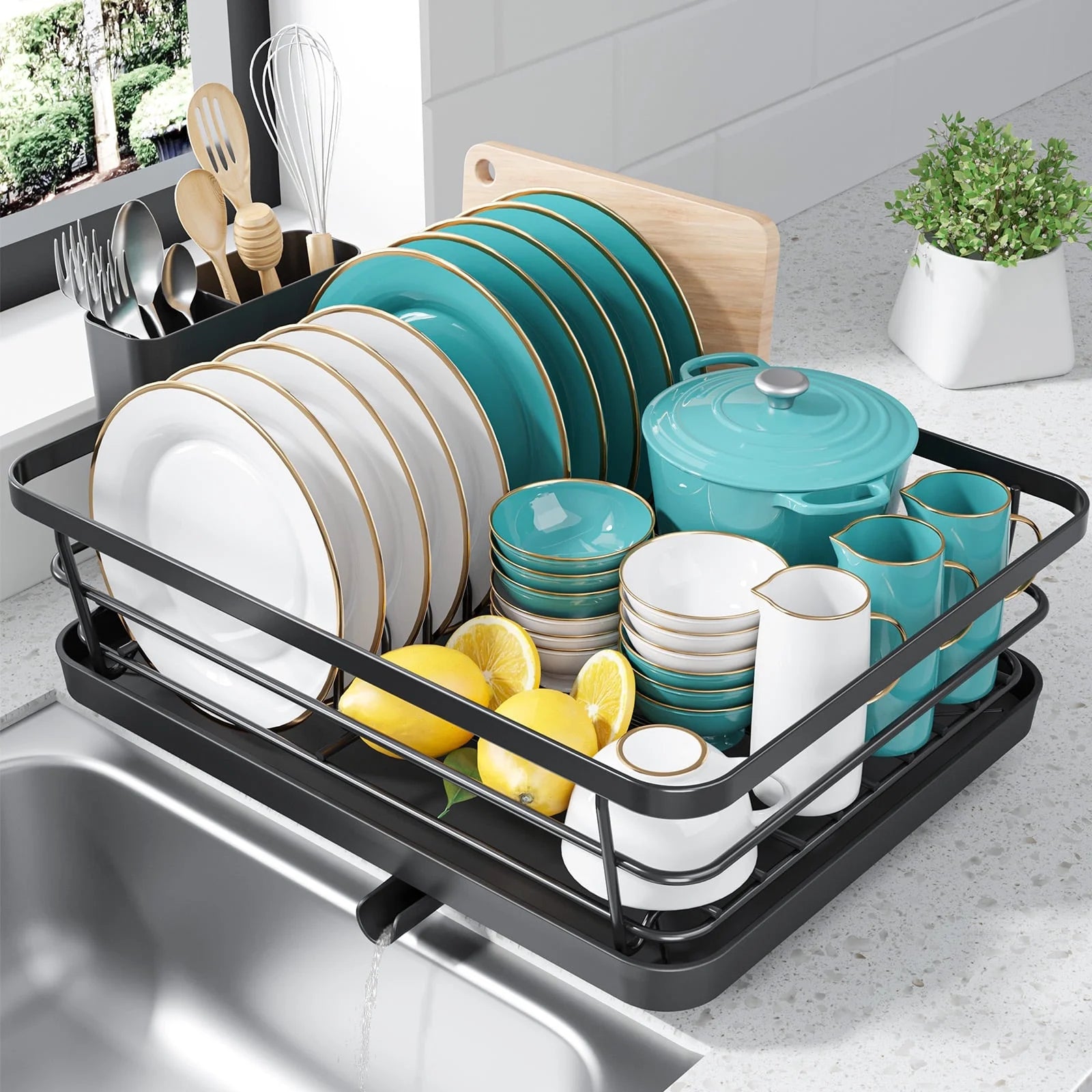 Dish Drying Rack- Space-Saving Dish Rack, Dish Racks for Kitchen Counter, Stainless Steel Kitchen Drying Rack with a Cutlery Holder