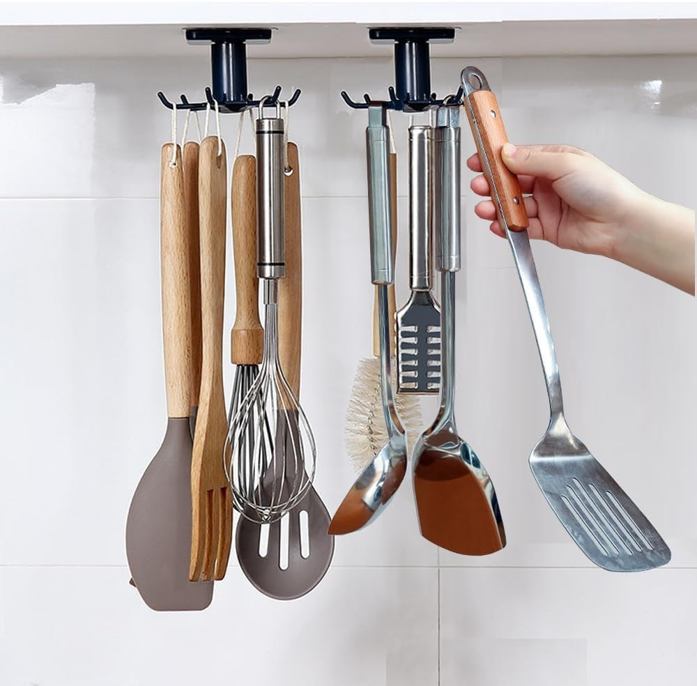 2Pcs 360 °Rotation Utility Hooks,Under Cabinet Kitchen Hooks,Storage Shelf