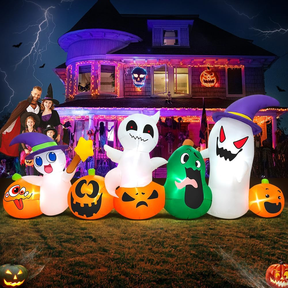 Large 8 FT Halloween ghost inflatable with glowing pumpkin for lawn decoration