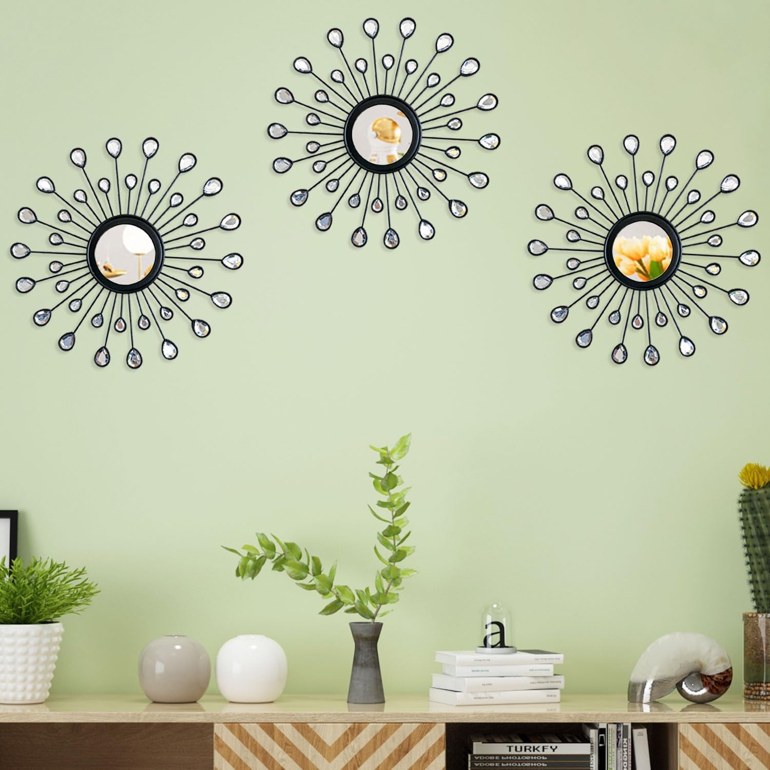 3-Pack Crystal Sunburst Wall Mirrors with Rhinestones, Silver Decorative Home Wall Art for Living Room, Bedroom & Entryway