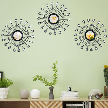 3-Pack Crystal Sunburst Wall Mirrors with Rhinestones, Silver Decorative Home Wall Art for Living Room, Bedroom & Entryway