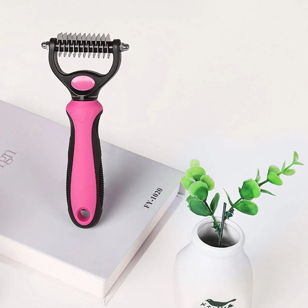 Double-Sided Pet Grooming Brush, Shedding & Dematting Undercoat Rake for Cats & Dogs, Extra Wide (Pink)