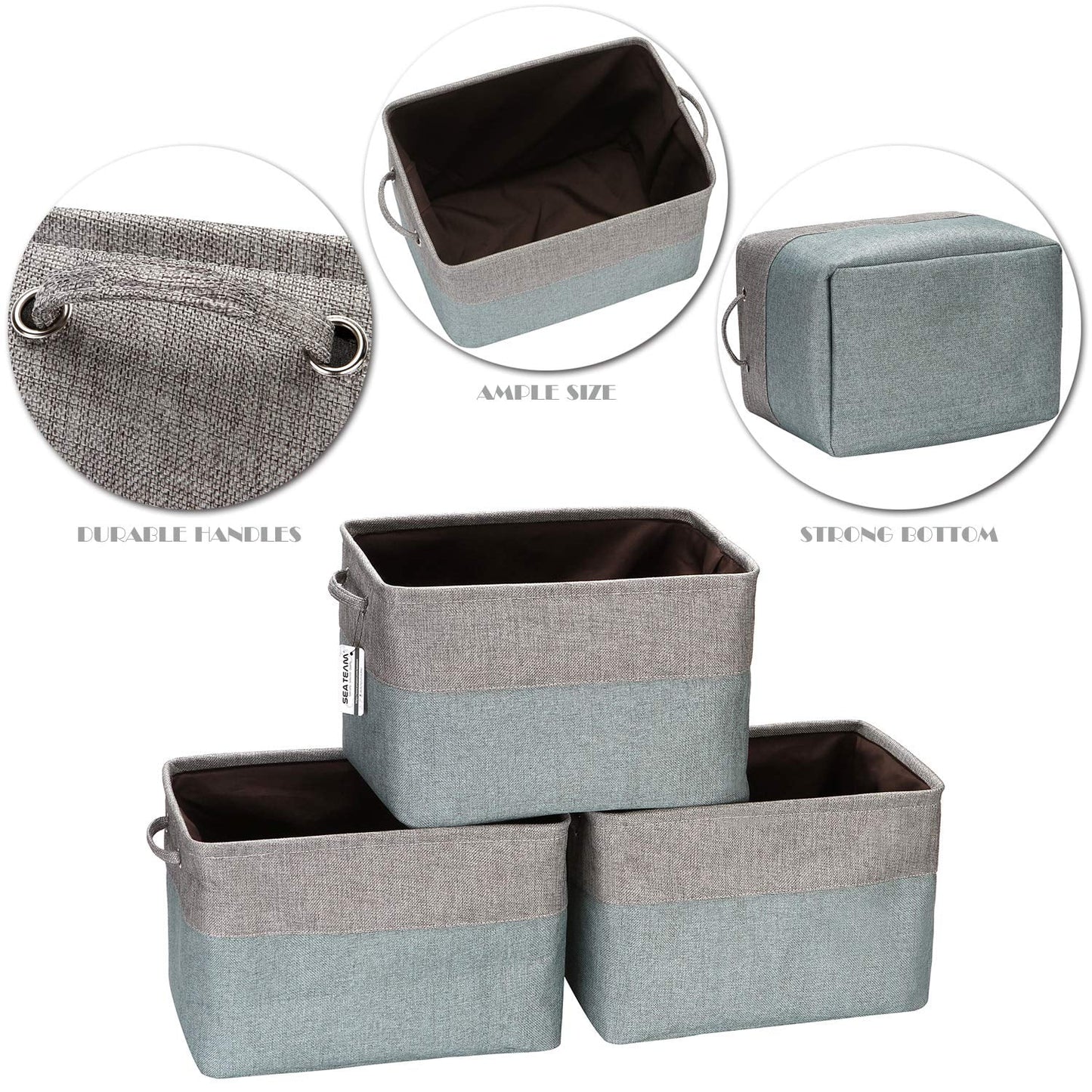 3-Pack Large Storage Basket Set, Trunk Organizer, Clothes Toys Bin, 15 X 10 X 10 Inches, Big Rectangular Canvas Fabric Collapsible Shelf Box with Handles, Stone Blue & Grey